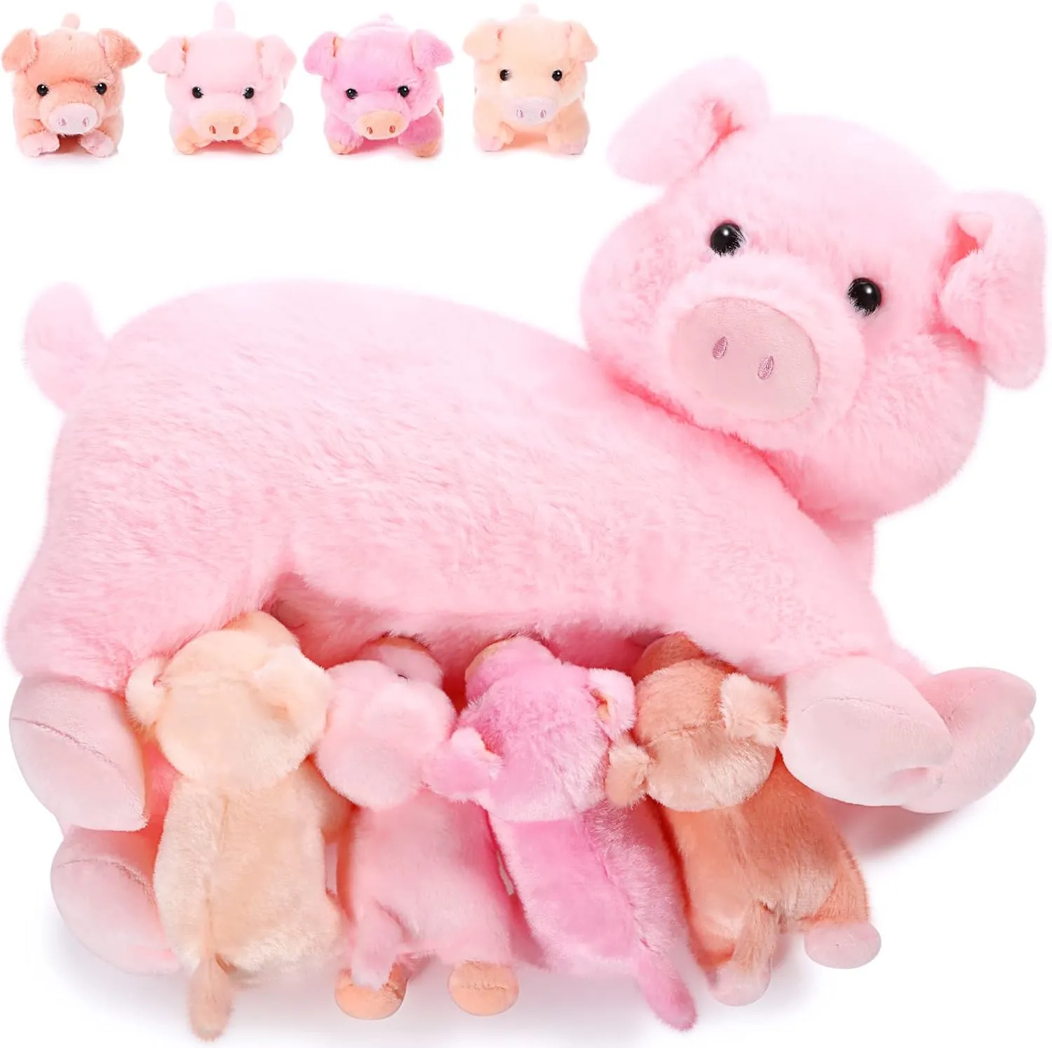 Honoson Pig Stuffed Animal with Babies, Cuddly Nursing Mommy Pig Plushy with 4 Stuffed Magnetic Piggy Toys for Kids Boys Girls Kawaii Birthday Gifts Family Funny Toys Baby Shower Decor(Cute)
