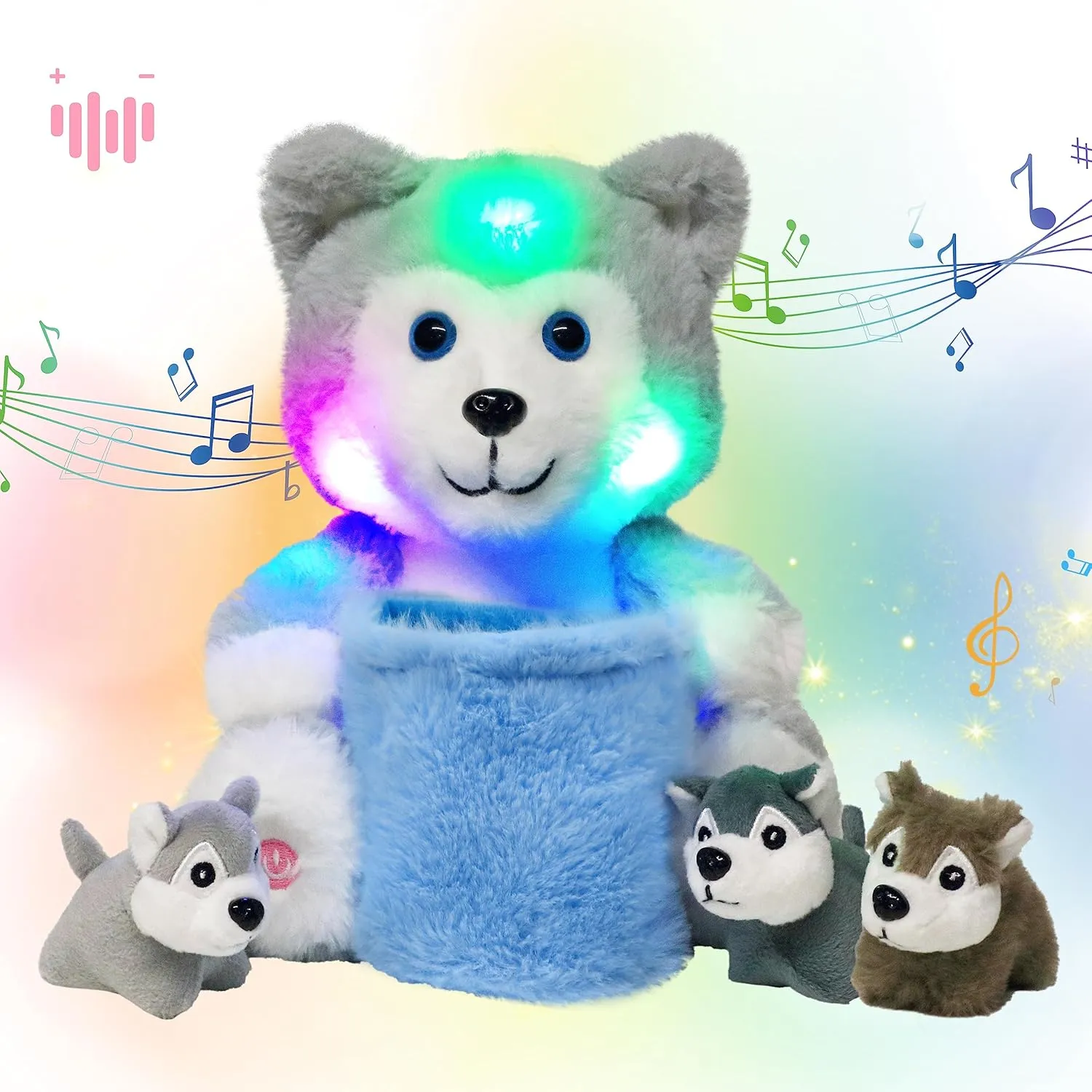 Hopearl LED Musical Stuffed Husky with Removable Bucket Lighting Up Singing Plush Toy Playset Mommy Dog with 3 Baby Puppies in The Basket Adjustable Volume Lullaby Animated Soothe Gifts for Kids, 10''