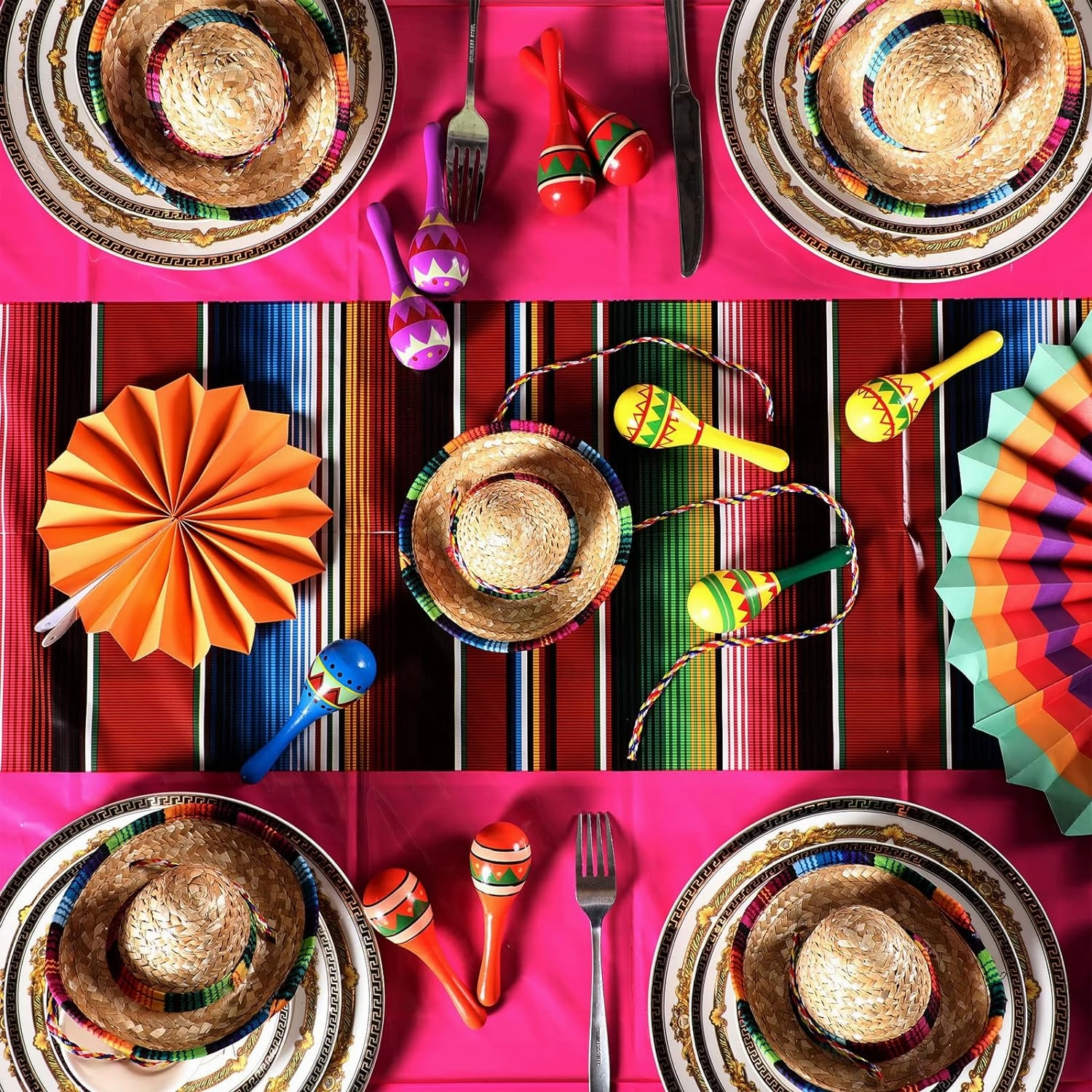 Hosuly Mexican Fiesta Tablecloth 54 x 108'' Party Plastic Tablecloth Striped Table Cover for Mexican Fiesta Party Decorations(Pure with Stripe, 6 Pcs)