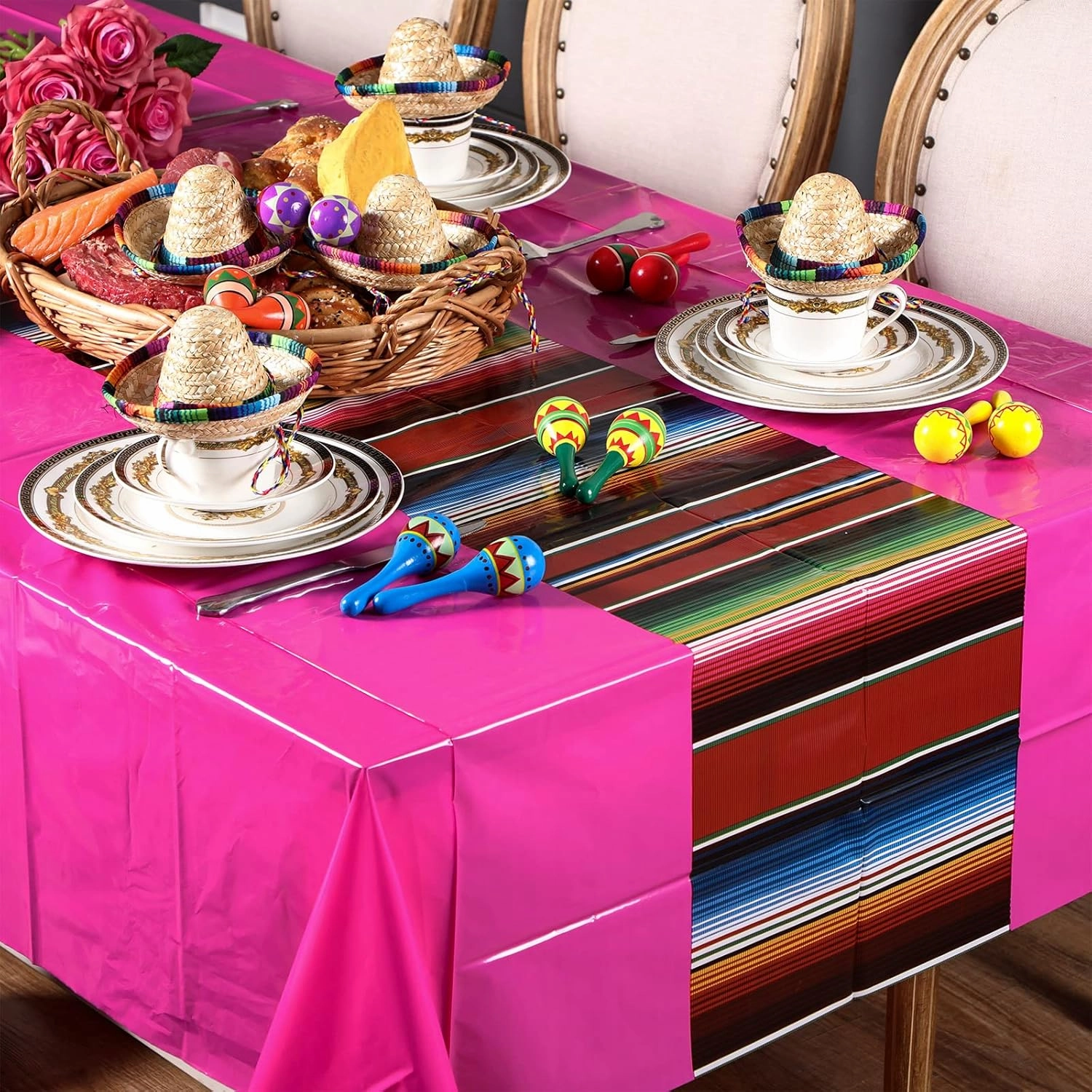 Hosuly Mexican Fiesta Tablecloth 54 x 108'' Party Plastic Tablecloth Striped Table Cover for Mexican Fiesta Party Decorations(Pure with Stripe, 6 Pcs)