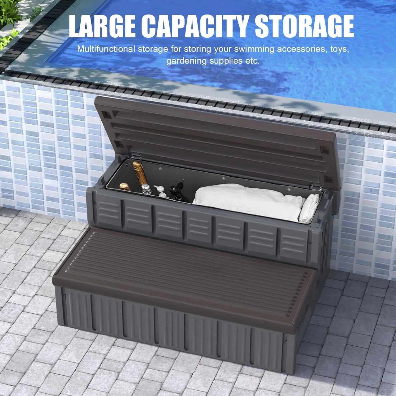 Hot Tub Steps, Outdoor Spa Steps with Storage, Non-Slip & Sturdy Hot Tub Stairs, 36 Inches Long, Coffee/Grey