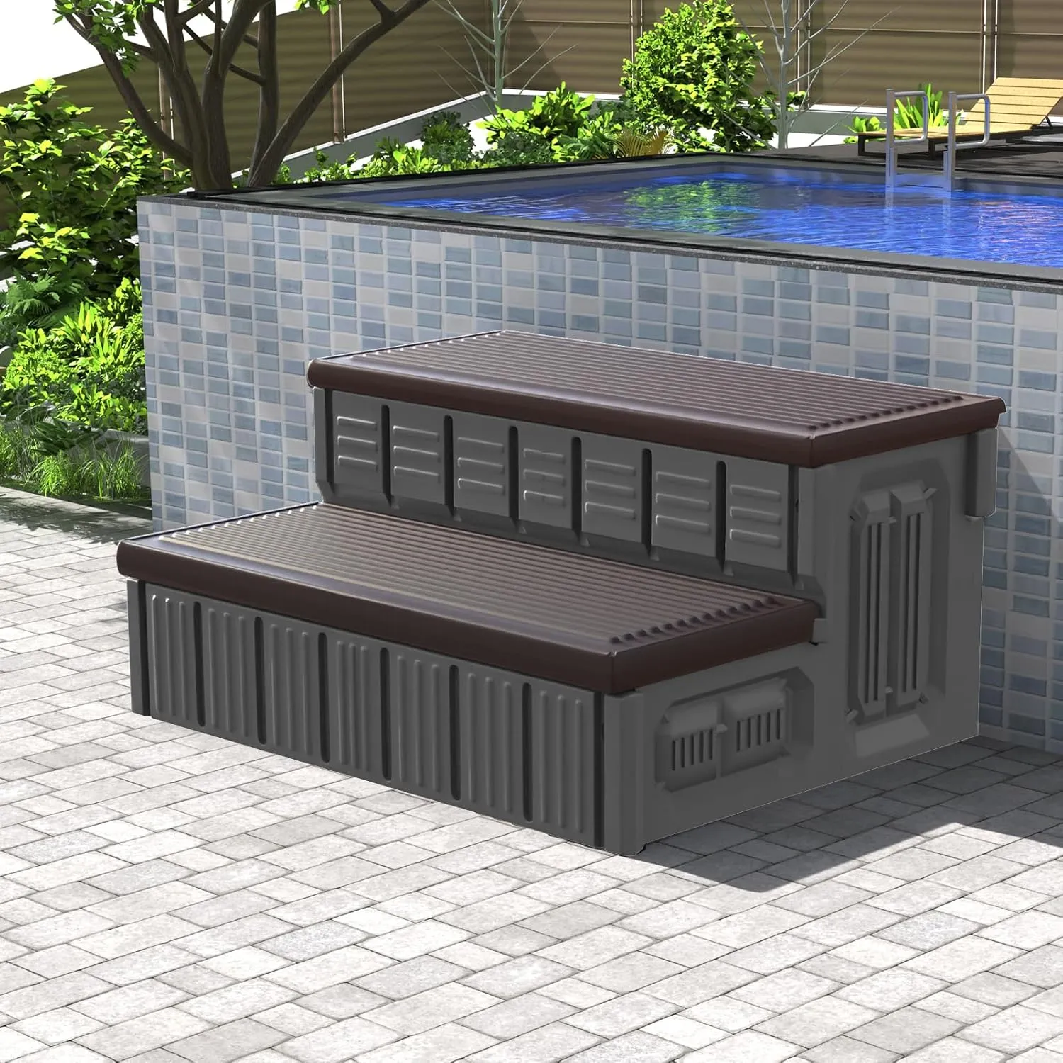 Hot Tub Steps, Outdoor Spa Steps with Storage, Non-Slip & Sturdy Hot Tub Stairs, 36 Inches Long, Coffee/Grey