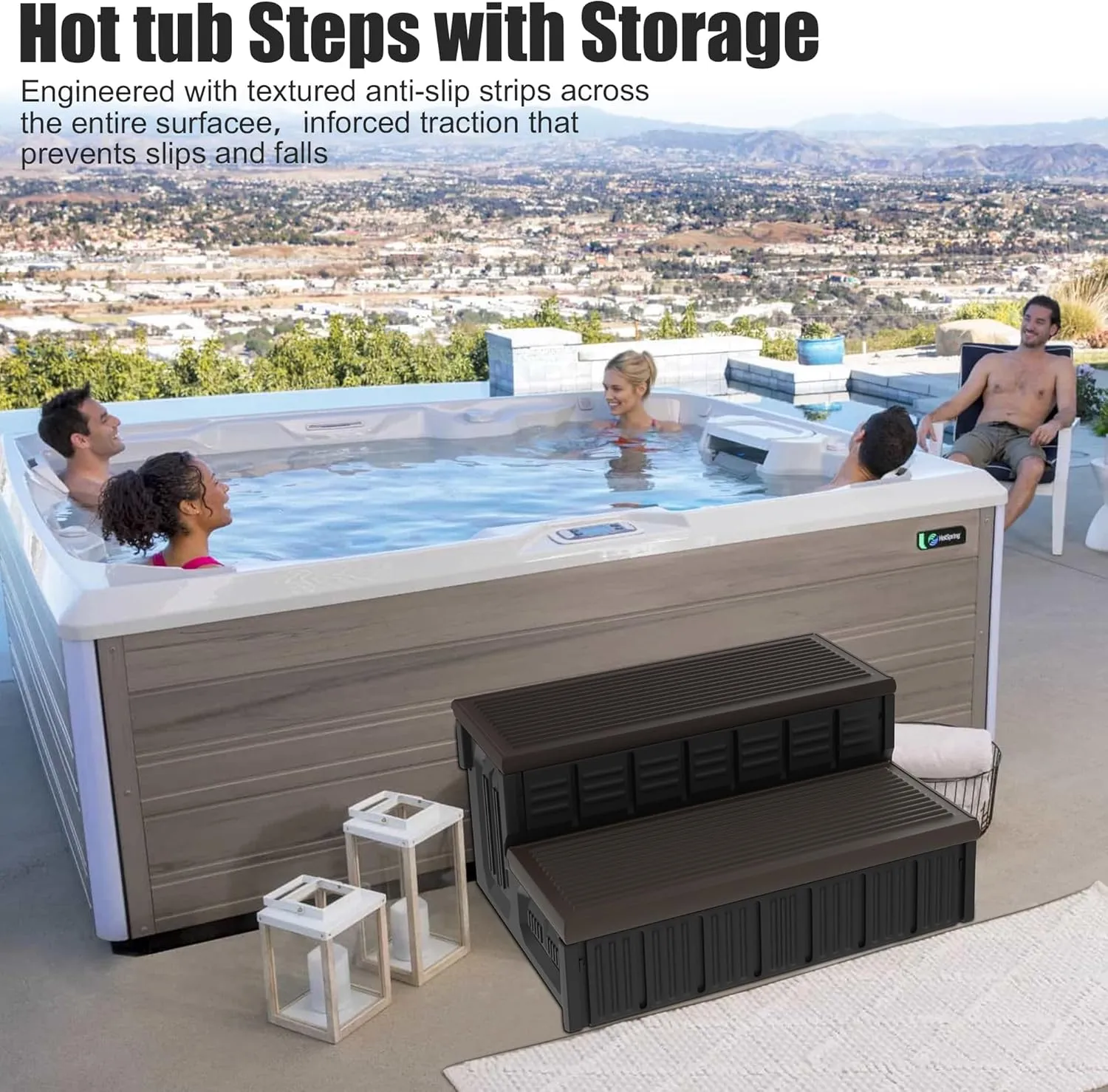 Hot Tub Steps, Outdoor Spa Steps with Storage, Non-Slip & Sturdy Hot Tub Stairs, 36 Inches Long, Coffee/Grey
