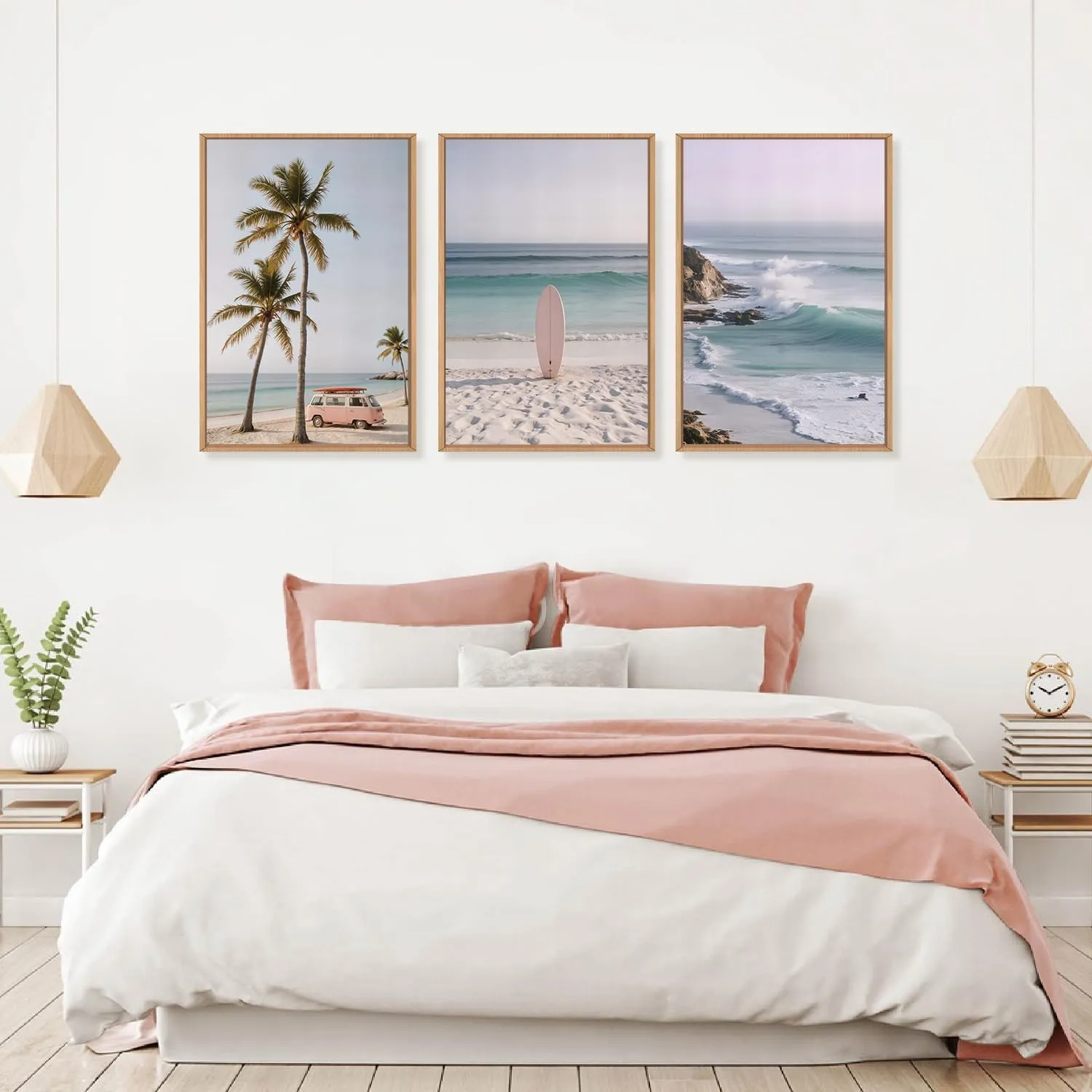 HPINUB Beach Seascape Framed Canvas Wall Art Set,Palm Tree Surfboard Nature Wall Decor,Modern Coastal Landscape Artwork Relax Summer Ocean Art Print for Living Room,Bedroom,Bathroom Decor-16 x24 x3