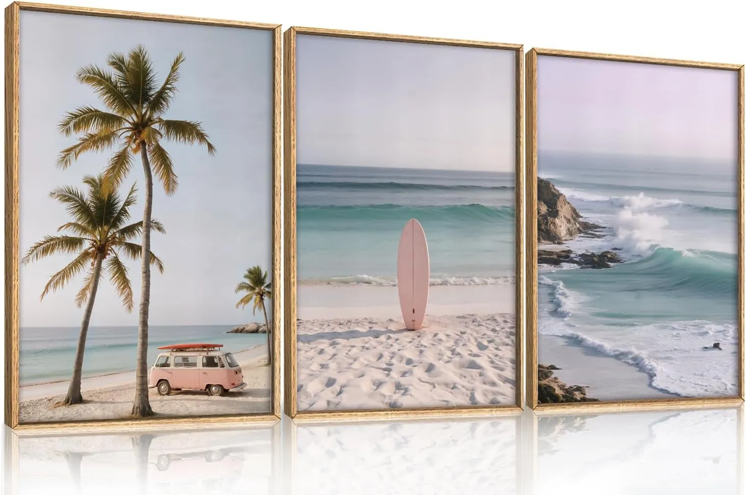 HPINUB Beach Seascape Framed Canvas Wall Art Set,Palm Tree Surfboard Nature Wall Decor,Modern Coastal Landscape Artwork Relax Summer Ocean Art Print for Living Room,Bedroom,Bathroom Decor-16 x24 x3