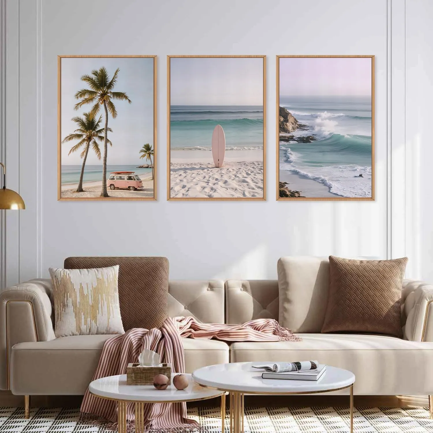 HPINUB Beach Seascape Framed Canvas Wall Art Set,Palm Tree Surfboard Nature Wall Decor,Modern Coastal Landscape Artwork Relax Summer Ocean Art Print for Living Room,Bedroom,Bathroom Decor-16 x24 x3