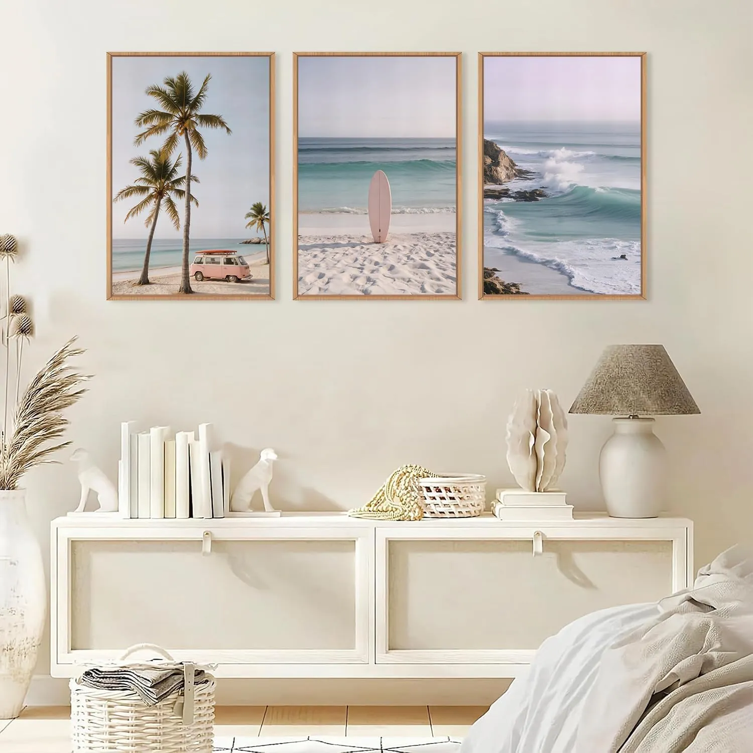HPINUB Beach Seascape Framed Canvas Wall Art Set,Palm Tree Surfboard Nature Wall Decor,Modern Coastal Landscape Artwork Relax Summer Ocean Art Print for Living Room,Bedroom,Bathroom Decor-16 x24 x3