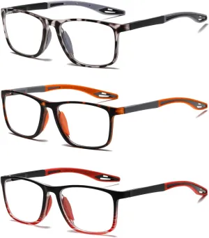 Hubeye 3 Pairs TR90 Sports Reading Glasses for Men and Women Ultralight Flexible Anti-Blue Light Readers  0.0