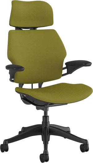 Humanscale Freedom Office Chair with Headrest - Ergonomic Work Chair with Advanced Highly Adjustable Duron Arms and Gel Seat - Wheels for Hard Flooring - Alaria Green Fourtis Fabric
