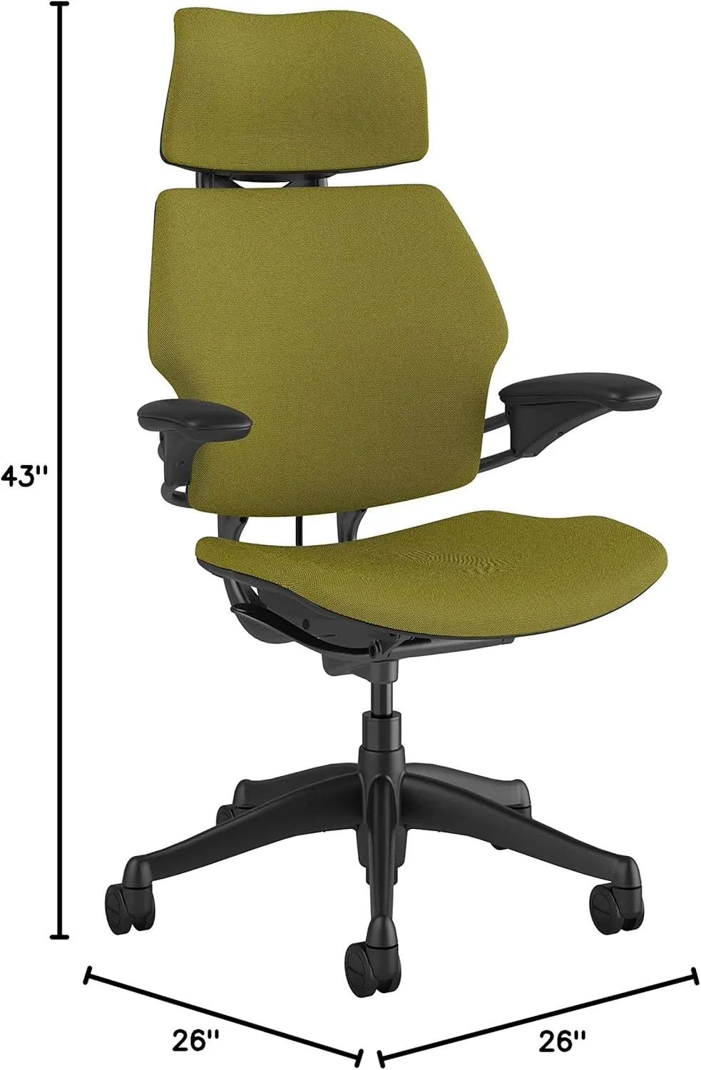 Humanscale Freedom Office Chair with Headrest - Ergonomic Work Chair with Advanced Highly Adjustable Duron Arms and Gel Seat - Wheels for Hard Flooring - Alaria Green Fourtis Fabric