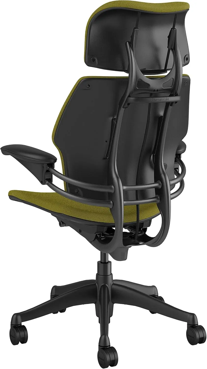 Humanscale Freedom Office Chair with Headrest - Ergonomic Work Chair with Advanced Highly Adjustable Duron Arms and Gel Seat - Wheels for Hard Flooring - Alaria Green Fourtis Fabric