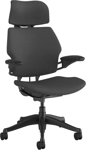 Humanscale Freedom Office Chair with Headrest - Ergonomic Work Chair with Standard Height Adjustable Duron Arms - Wheels for Carpet - Graphite Frame with Granite Fourtis Fabric