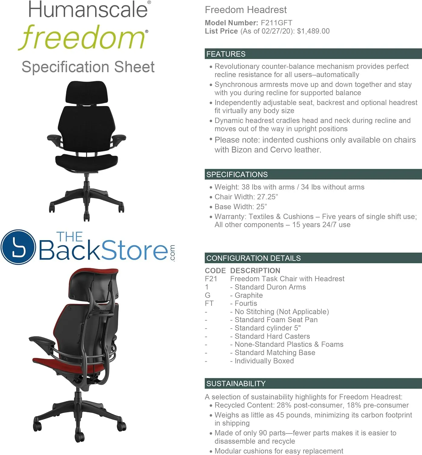 Humanscale Freedom Office Chair with Headrest - Ergonomic Work Chair with Standard Height Adjustable Duron Arms - Wheels for Carpet - Graphite Frame with Granite Fourtis Fabric