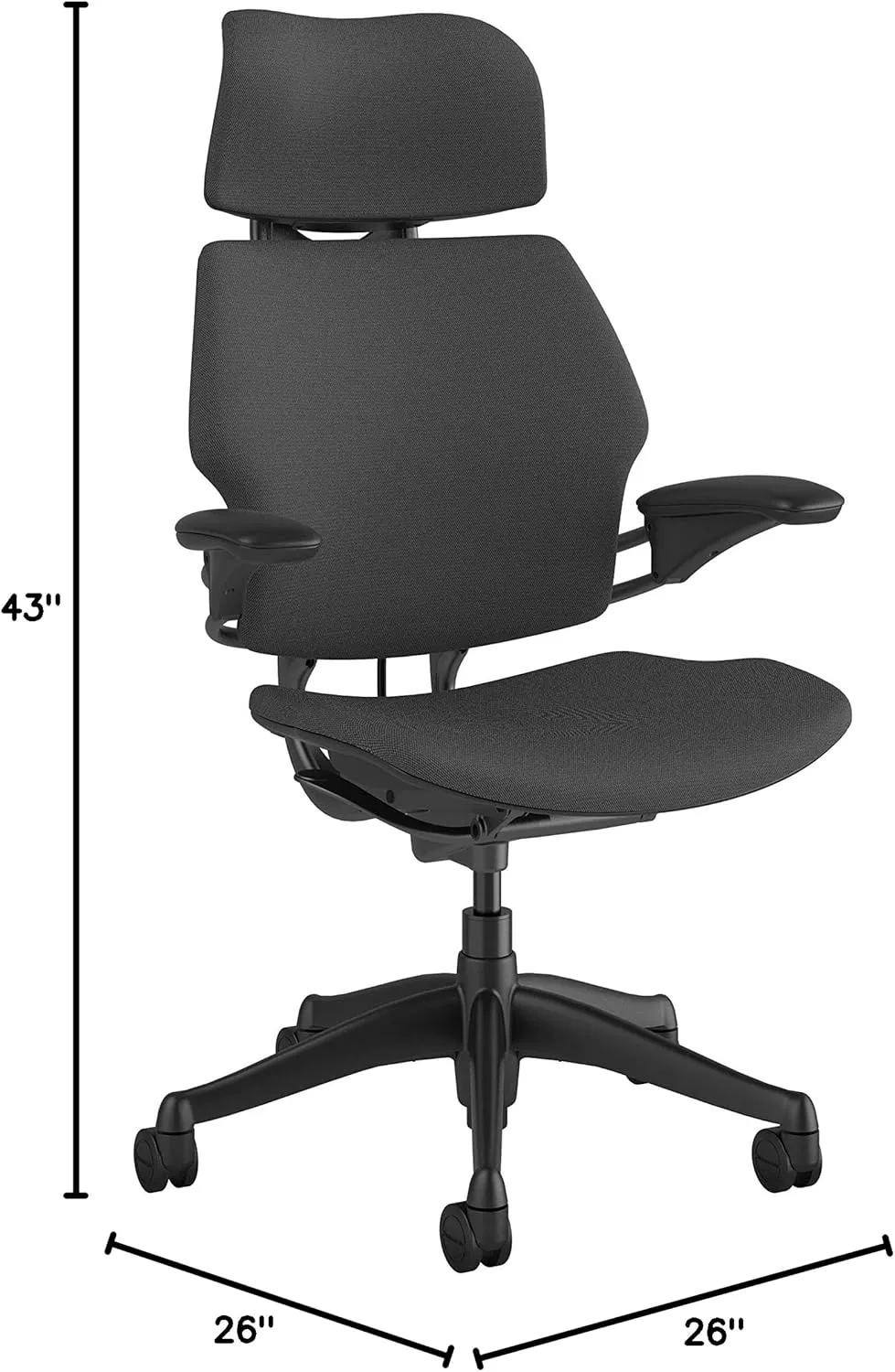 Humanscale Freedom Office Chair with Headrest - Ergonomic Work Chair with Standard Height Adjustable Duron Arms - Wheels for Carpet - Graphite Frame with Granite Fourtis Fabric
