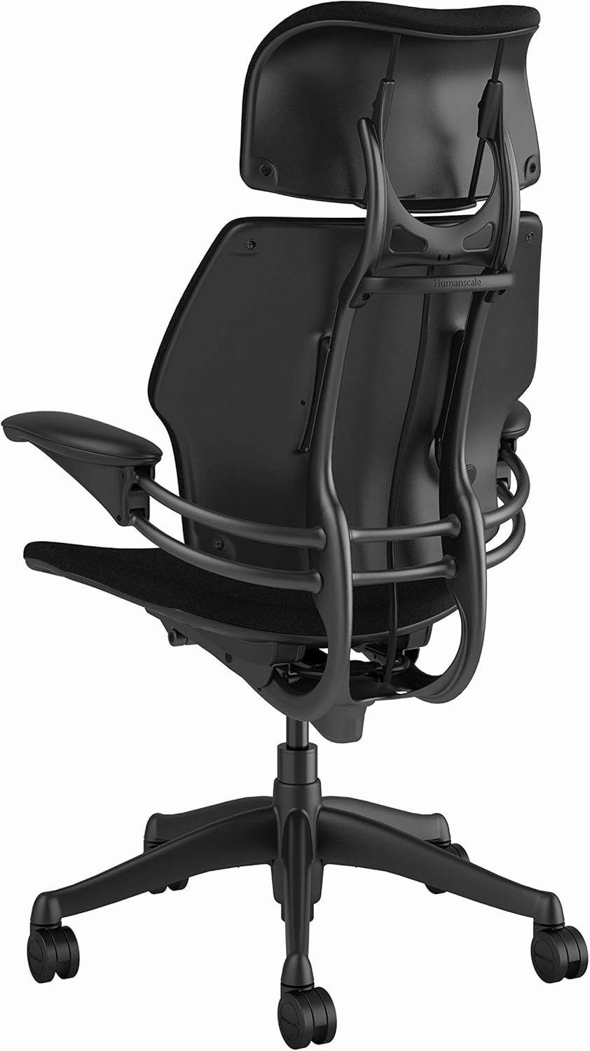Humanscale Freedom Office Chair with Headrest - Ergonomic Work Chair with Standard Height Adjustable Duron Arms - Wheels for Carpet - Graphite Frame with Black Fourtis Fabric