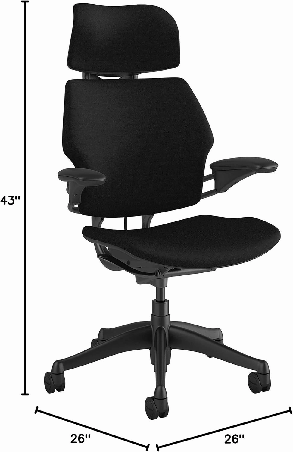 Humanscale Freedom Office Chair with Headrest - Ergonomic Work Chair with Standard Height Adjustable Duron Arms - Wheels for Carpet - Graphite Frame with Black Fourtis Fabric