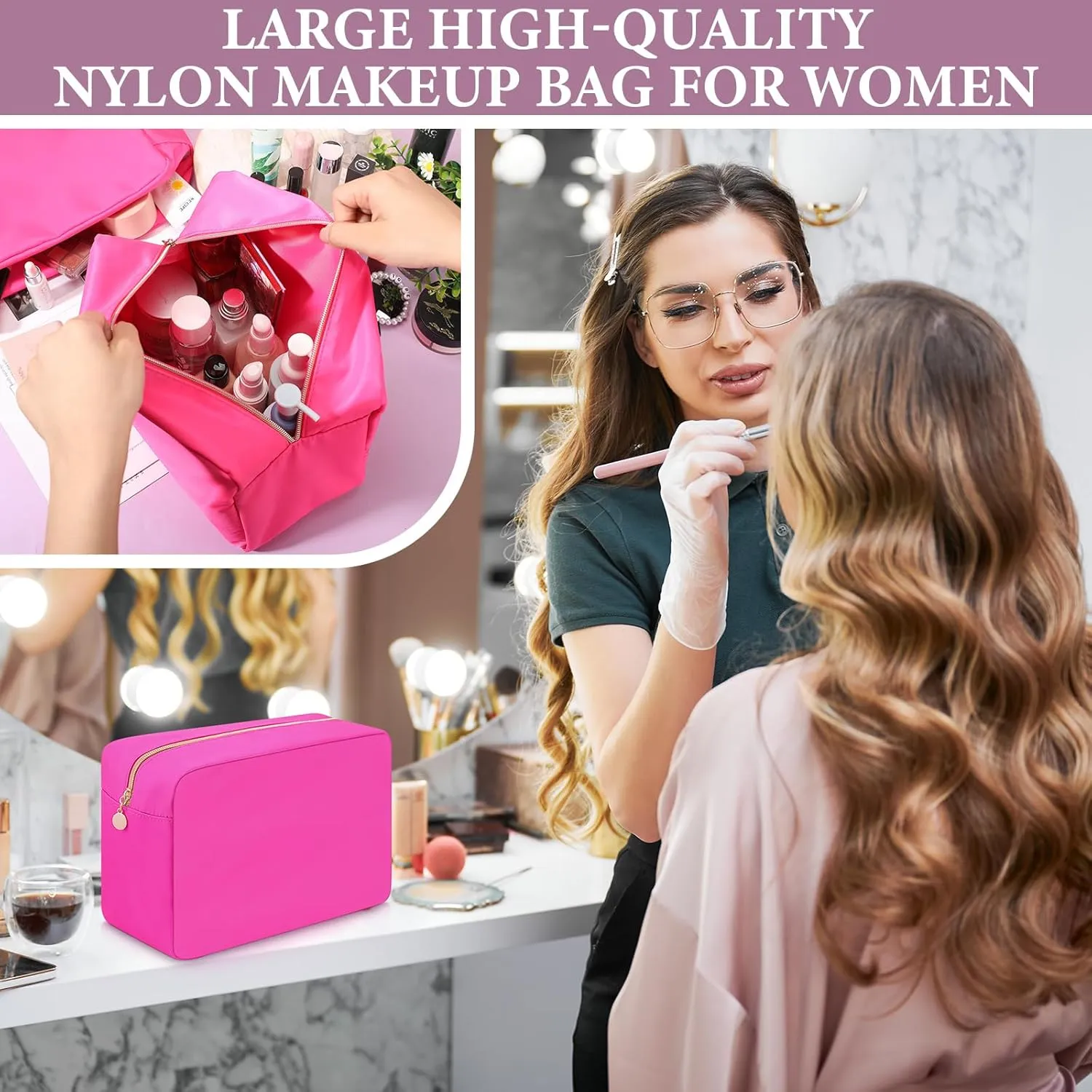 Hushee 4 Pcs Nylon Makeup Bag Christmas Gifts Preppy Zipper Pouch Nylon Toiletry Bag Waterproof Storage Bag for Women Organizer(Large,Hot Pink)