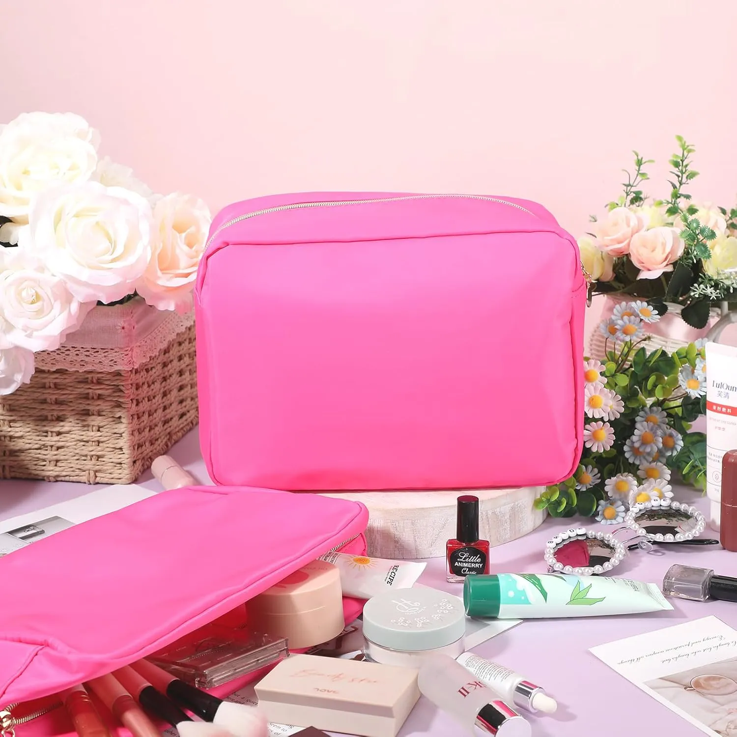 Hushee 4 Pcs Nylon Makeup Bag Christmas Gifts Preppy Zipper Pouch Nylon Toiletry Bag Waterproof Storage Bag for Women Organizer(Large,Hot Pink)