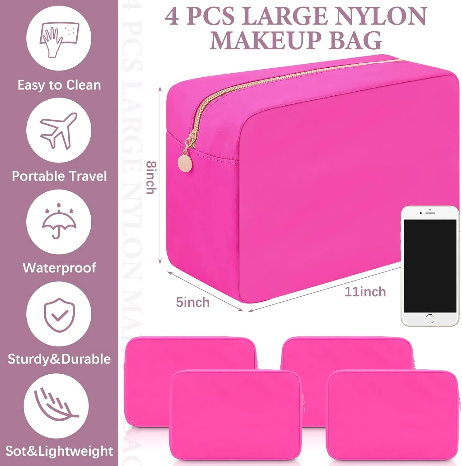 Hushee 4 Pcs Nylon Makeup Bag Christmas Gifts Preppy Zipper Pouch Nylon Toiletry Bag Waterproof Storage Bag for Women Organizer(Large,Hot Pink)