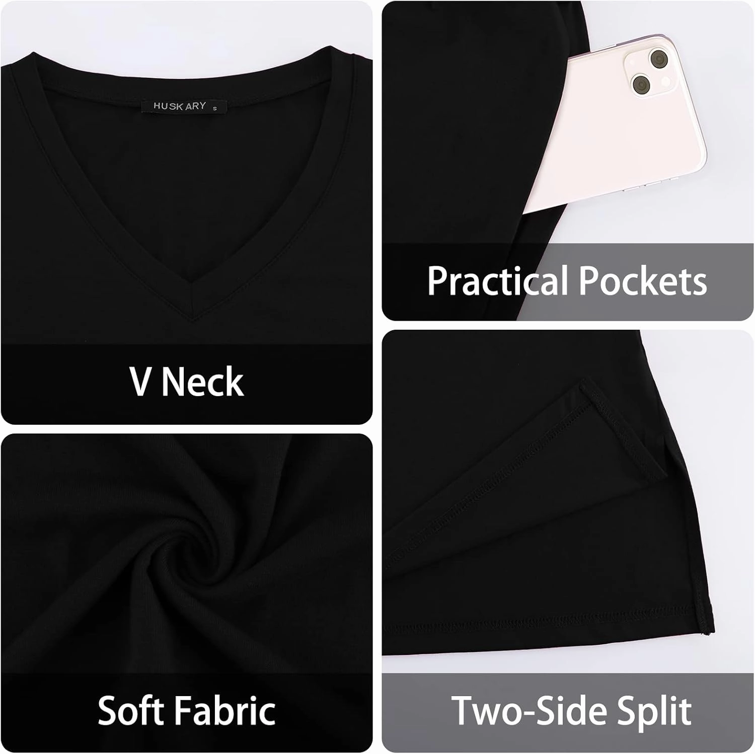 HUSKARY Women Summer Casual Midi Dresses Short Sleeve V Neck Drawstring Knee Length T Shirt Dress with Split and Pocket