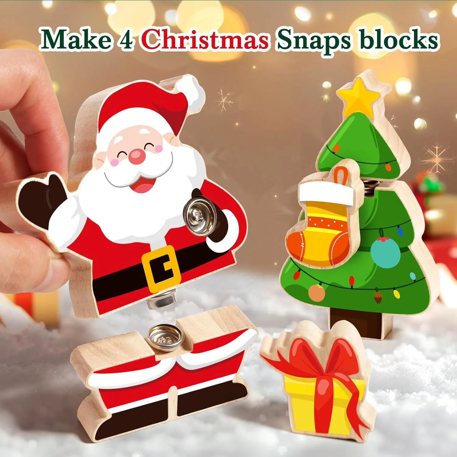 HUZU Christmas Snap Together Building Blocks Toy, Santa, Reindeer, Snowman, Christmas Tree Take Apart Characters, 3 4 5 6 7 8 Years Old Kids Wooden Puzzle, STEM Fine Motor Skill Christmas
