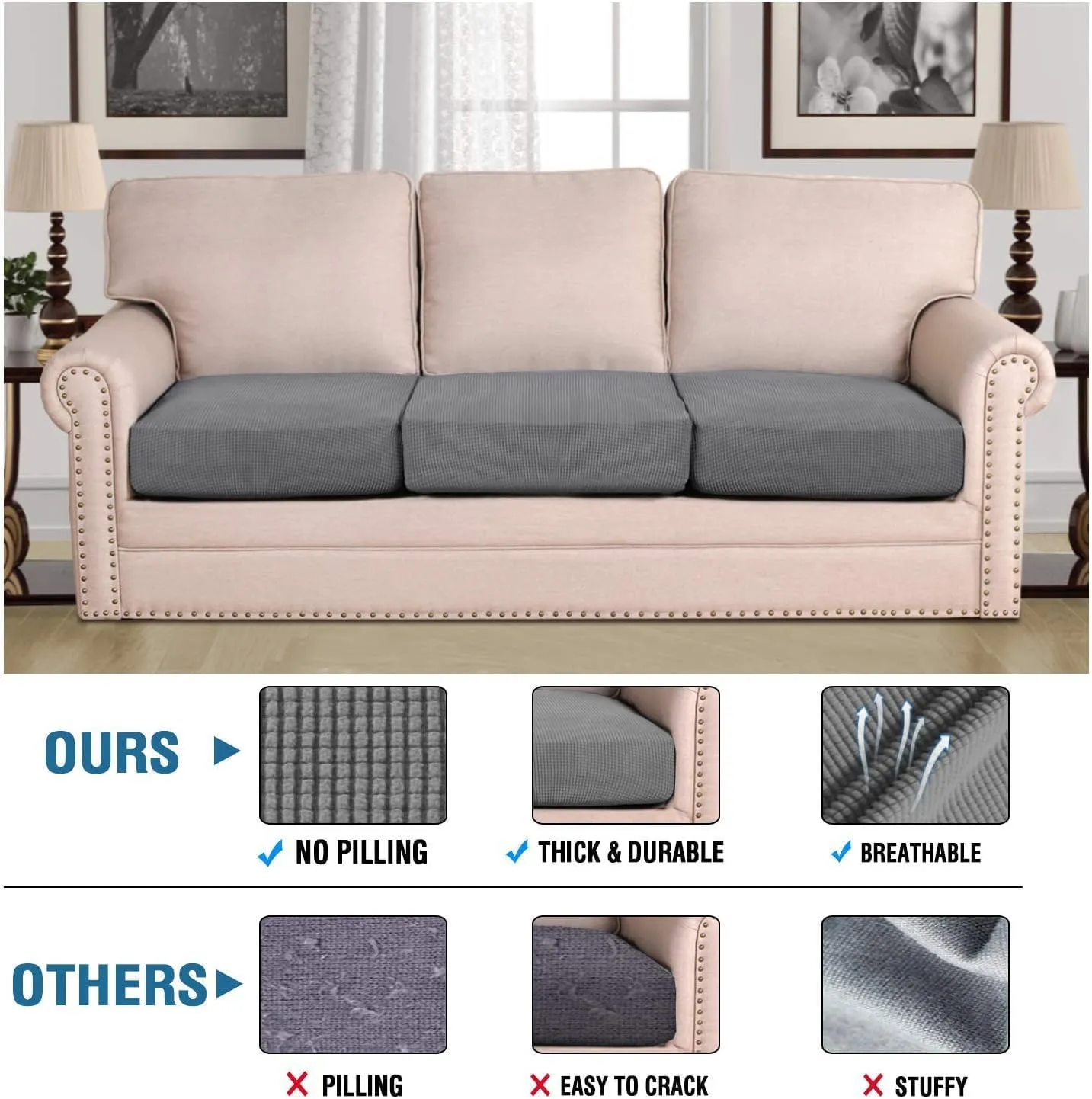 H.VERSAILTEX Super Stretch Couch Cushion Covers Individual Seat Couch Slipcover Sets Thick Jacquard Textured Twill Fabric (3 Piece Sofa Cushion Covers, Grey)