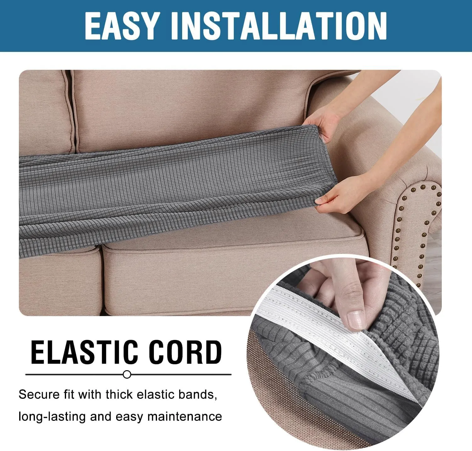 H.VERSAILTEX Super Stretch Couch Cushion Covers Individual Seat Couch Slipcover Sets Thick Jacquard Textured Twill Fabric (3 Piece Sofa Cushion Covers, Grey)