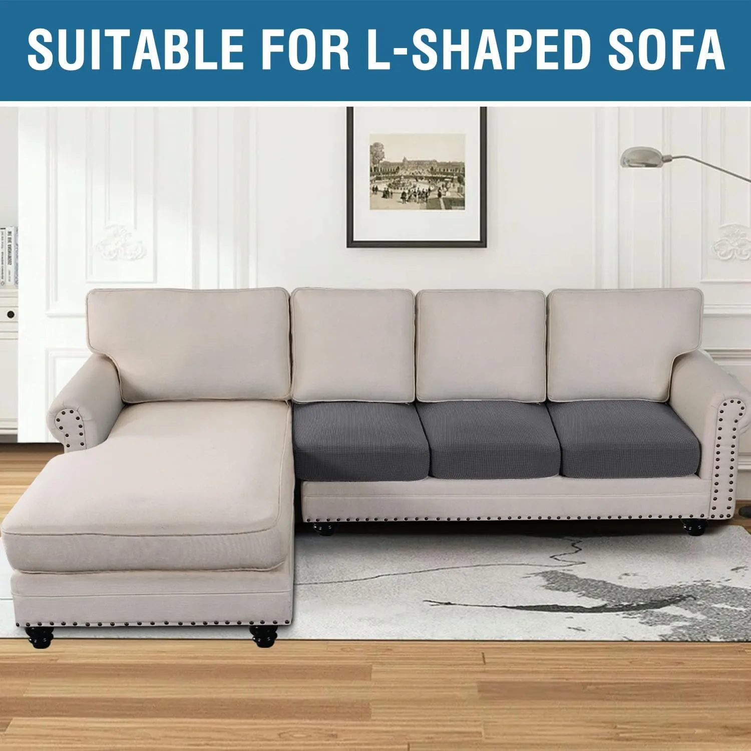 H.VERSAILTEX Super Stretch Couch Cushion Covers Individual Seat Couch Slipcover Sets Thick Jacquard Textured Twill Fabric (3 Piece Sofa Cushion Covers, Grey)