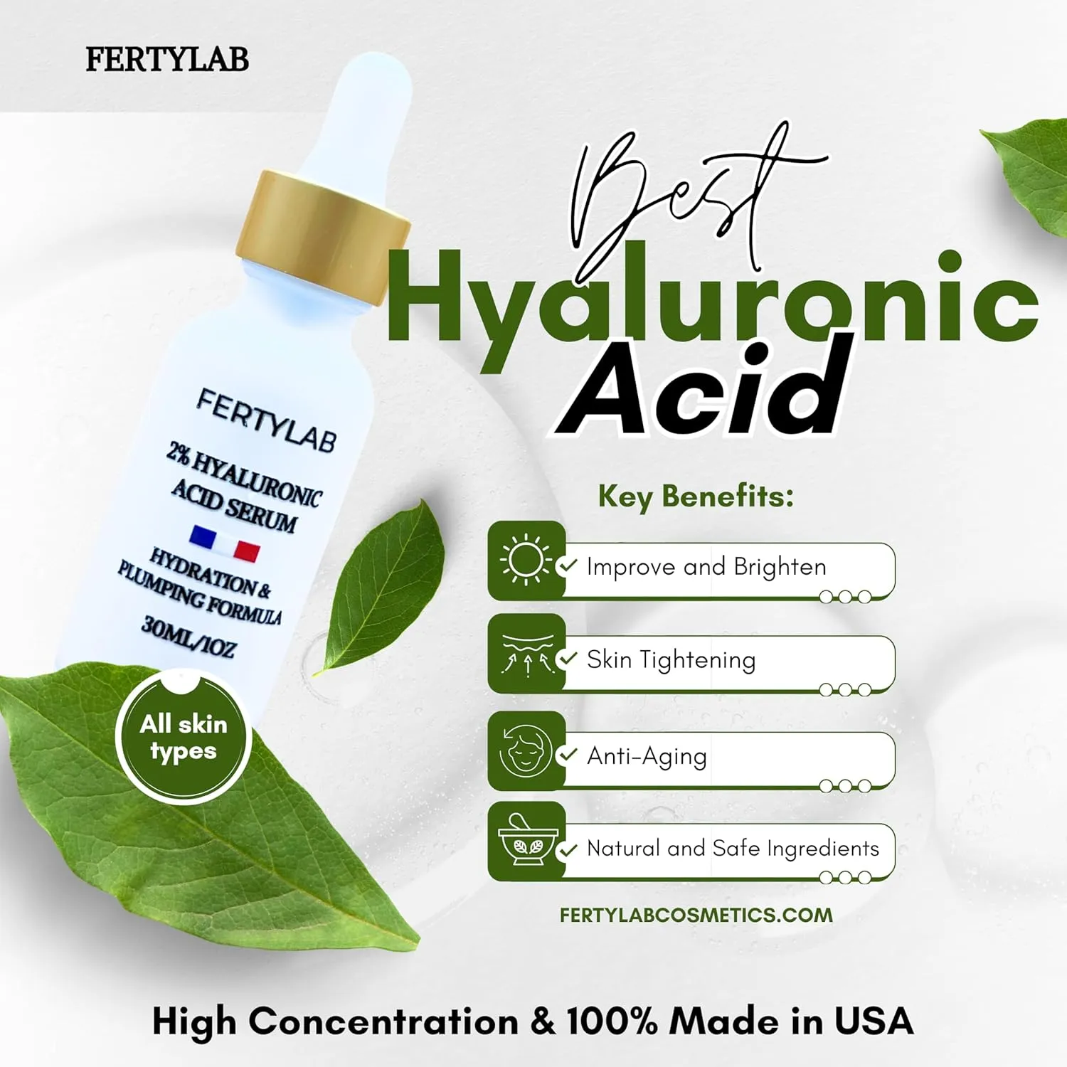 Hyaluronic Acid Serum (2%) – Anti-Aging & Plumping Moisture Boost – Hydrating Facial Serum for All Skin Types – Made in USA