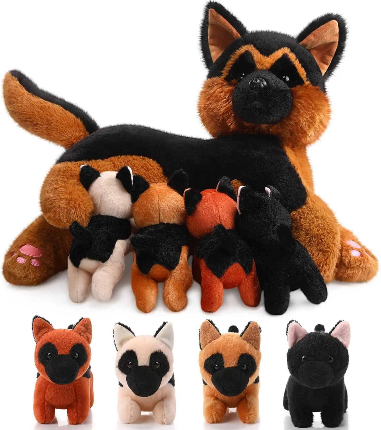 HyDren Nurturing German Shepherd Plush Toys Sets 15 Inch Soft Cuddly Nursing Mommy Dog Stuffed Animal with 4 Magnetic Stuffed Baby Puppies for Kids Birthday Holiday Party Favor Gifts Home Room Decors