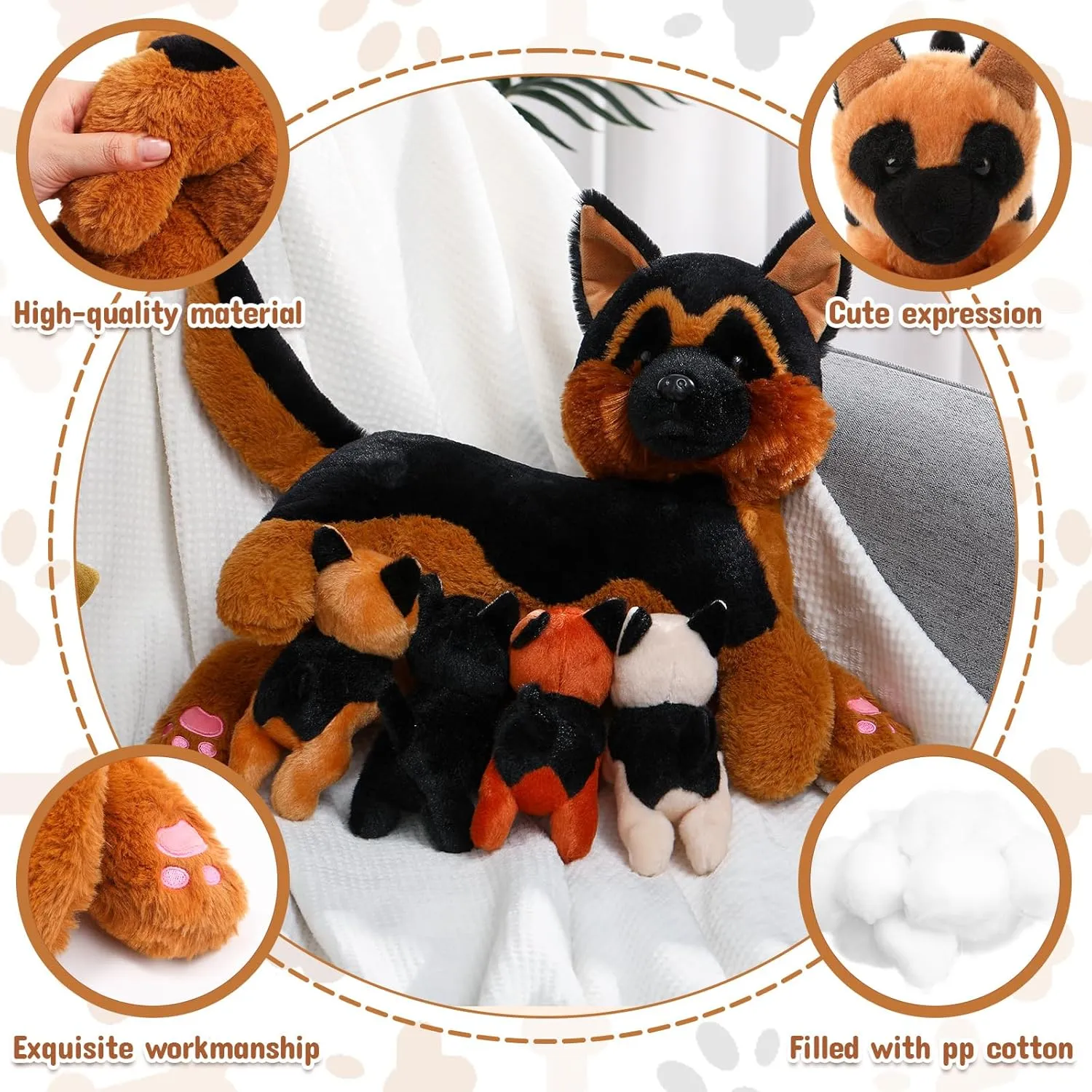 HyDren Nurturing German Shepherd Plush Toys Sets 15 Inch Soft Cuddly Nursing Mommy Dog Stuffed Animal with 4 Magnetic Stuffed Baby Puppies for Kids Birthday Holiday Party Favor Gifts Home Room Decors