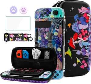 HYPERCASE Cute Carrying Case Set for Nintendo Switch Accessories, Magical Mushroom Hard Travel Storage Bag with Glitter Protective Cover Skin for NS, Shoulder Strap, Screen Protector & 2 Thump Caps