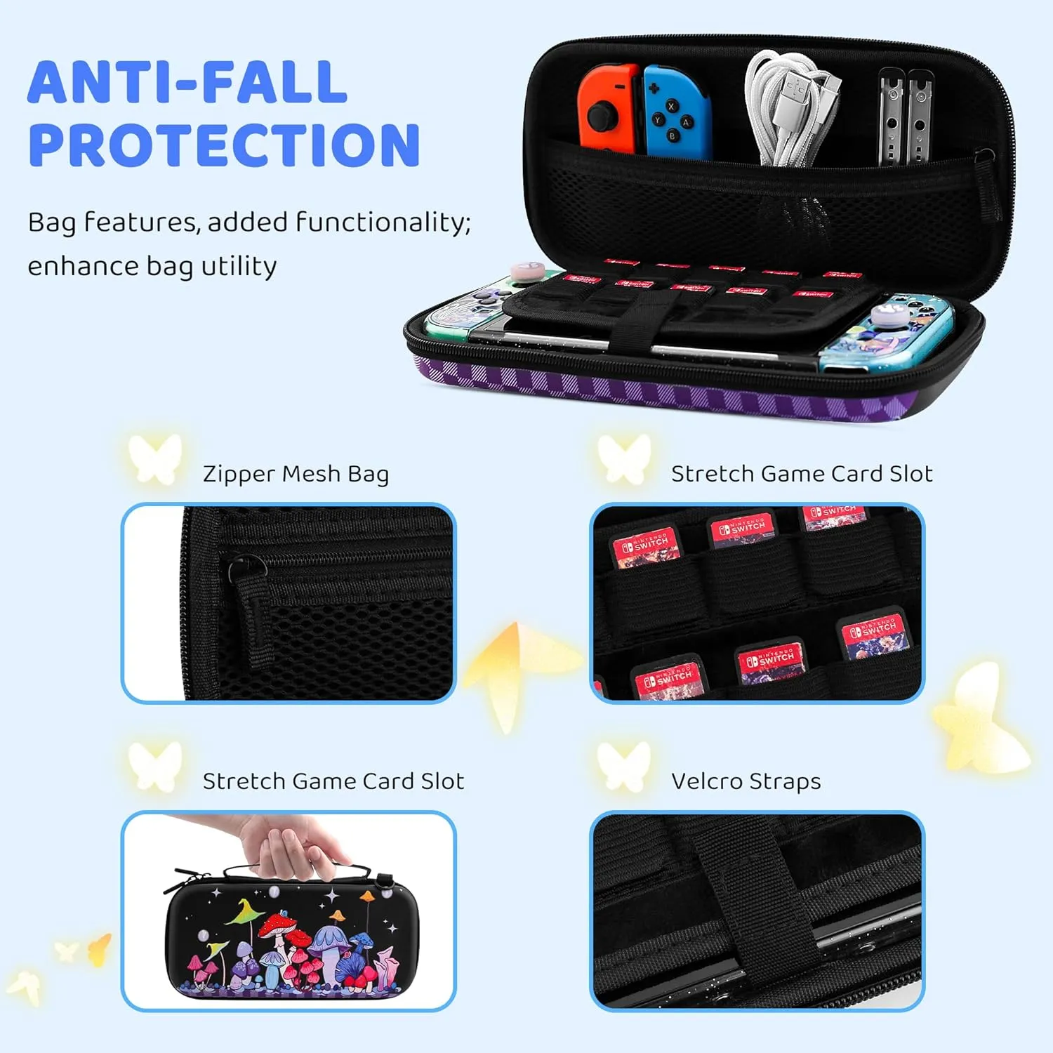 HYPERCASE Cute Carrying Case Set for Nintendo Switch Accessories, Magical Mushroom Hard Travel Storage Bag with Glitter Protective Cover Skin for NS, Shoulder Strap, Screen Protector & 2 Thump Caps