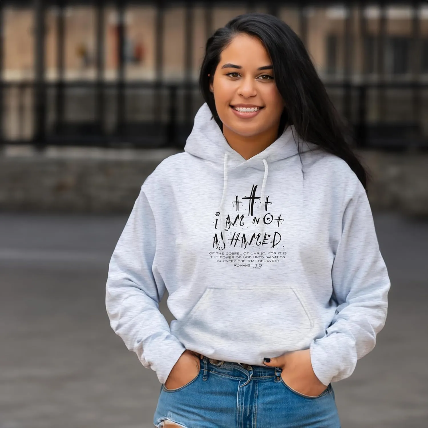 I Am Not Ashamed Romans 1:16 Verse Long Sleeve Front Pocket Hoodie Sweatshirt
