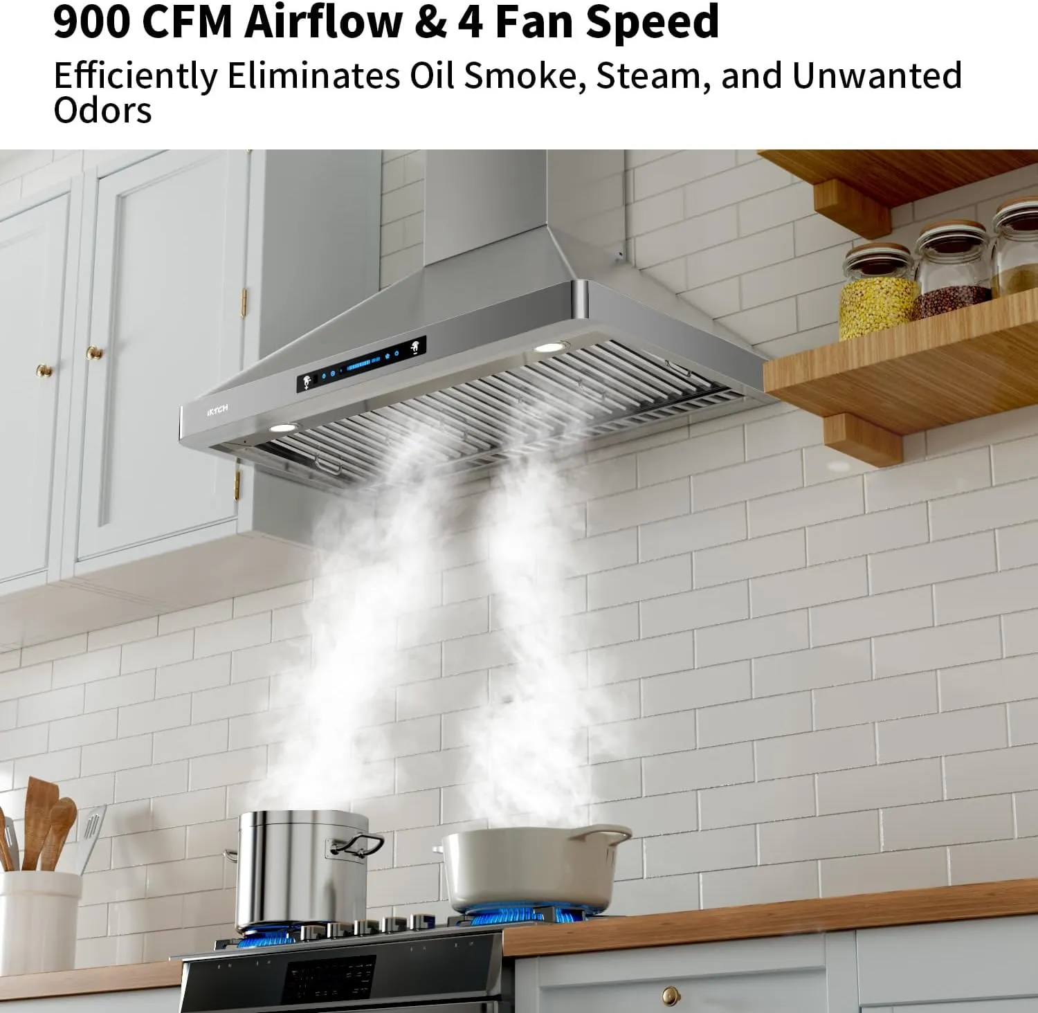 IKTCH 30-Inch Wall Mount Range Hood, 900 CFM, Stainless Steel, Gesture Sensing & Touch Control, 4-Speed Fan, Adjustable LED Lights, Ducted/Ductless Convertible