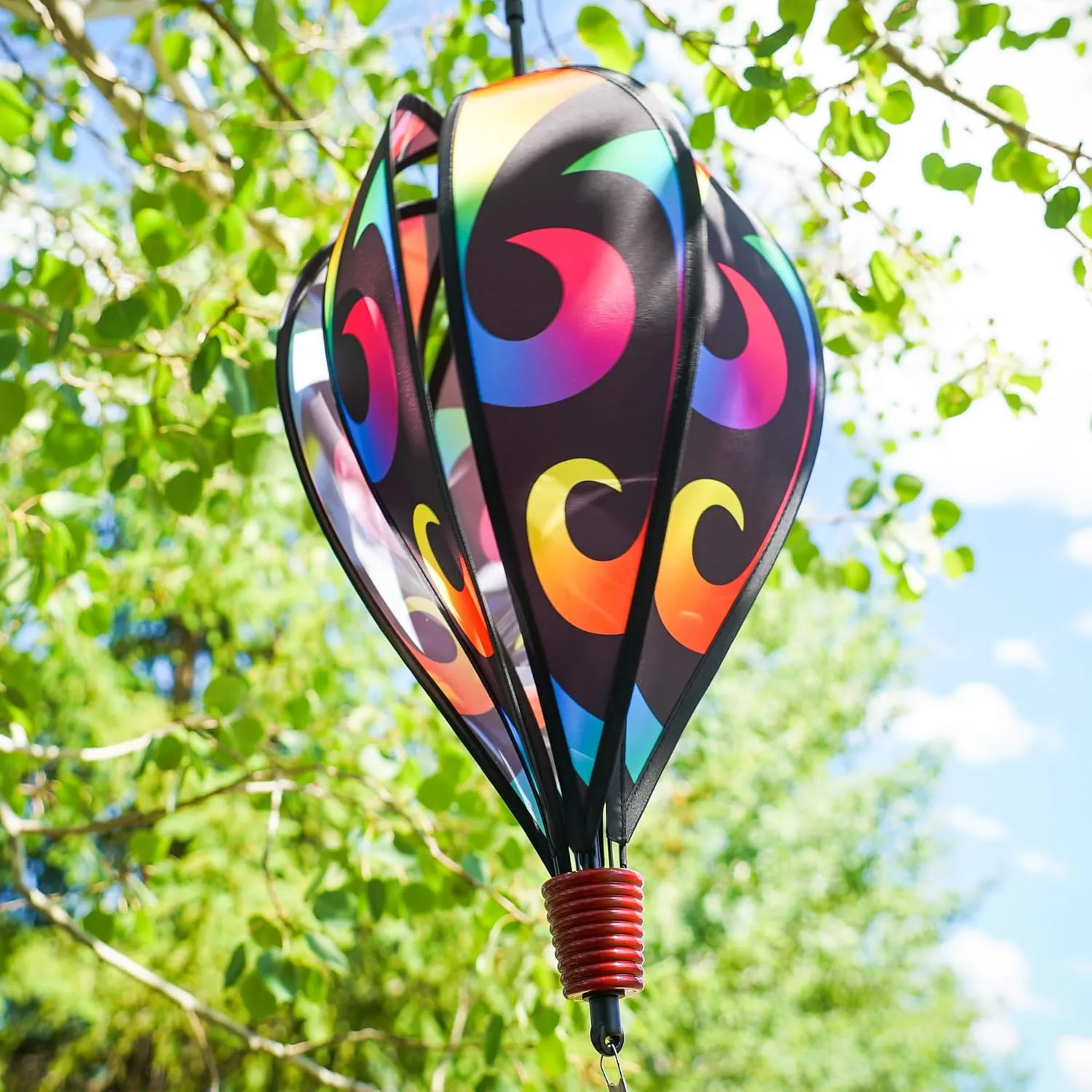 In the Breeze 0974 — Aurora 6-Panel Hot Air Balloon — Colorful Blended Rainbow Wind Spinner with Tail for Yards and Gardens…