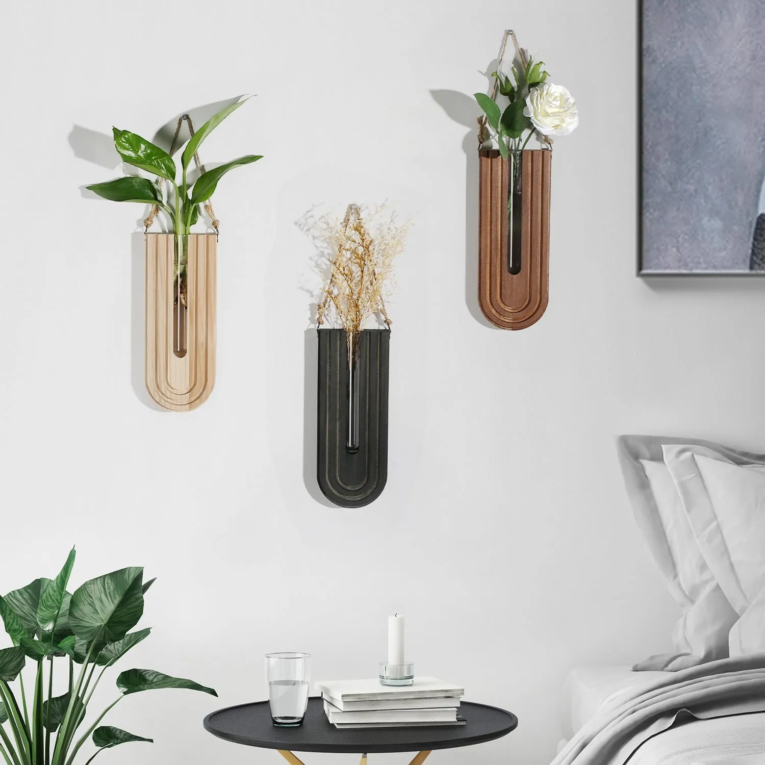 Indoor Wood Wall Planter Set of 3 for Plants - Boho Handmade Hanging Propagation Station with Curved Rainbow Design, Wall Mounted Vase for Flowers, Natural Home Decor Living Room Entryway