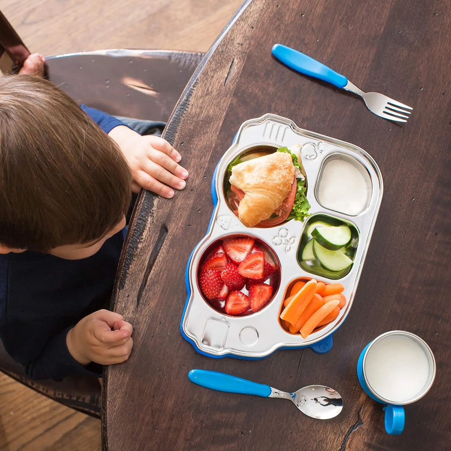 Innobaby Stainless Bus Plate with Sectional Lid, The Original, Leak-Resistant Divided Platter, Mom Invented Fun Shape Plate Din Din Smart for Babies, Toddlers and Kids, BPA Free, Blue, 2 Pack