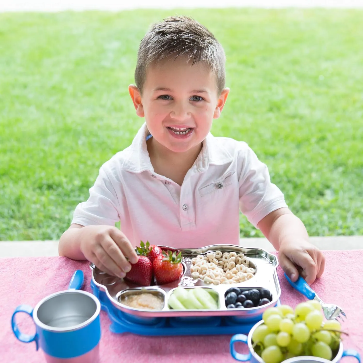 Innobaby Stainless Bus Plate with Sectional Lid, The Original, Leak-Resistant Divided Platter, Mom Invented Fun Shape Plate Din Din Smart for Babies, Toddlers and Kids, BPA Free, Blue, 2 Pack