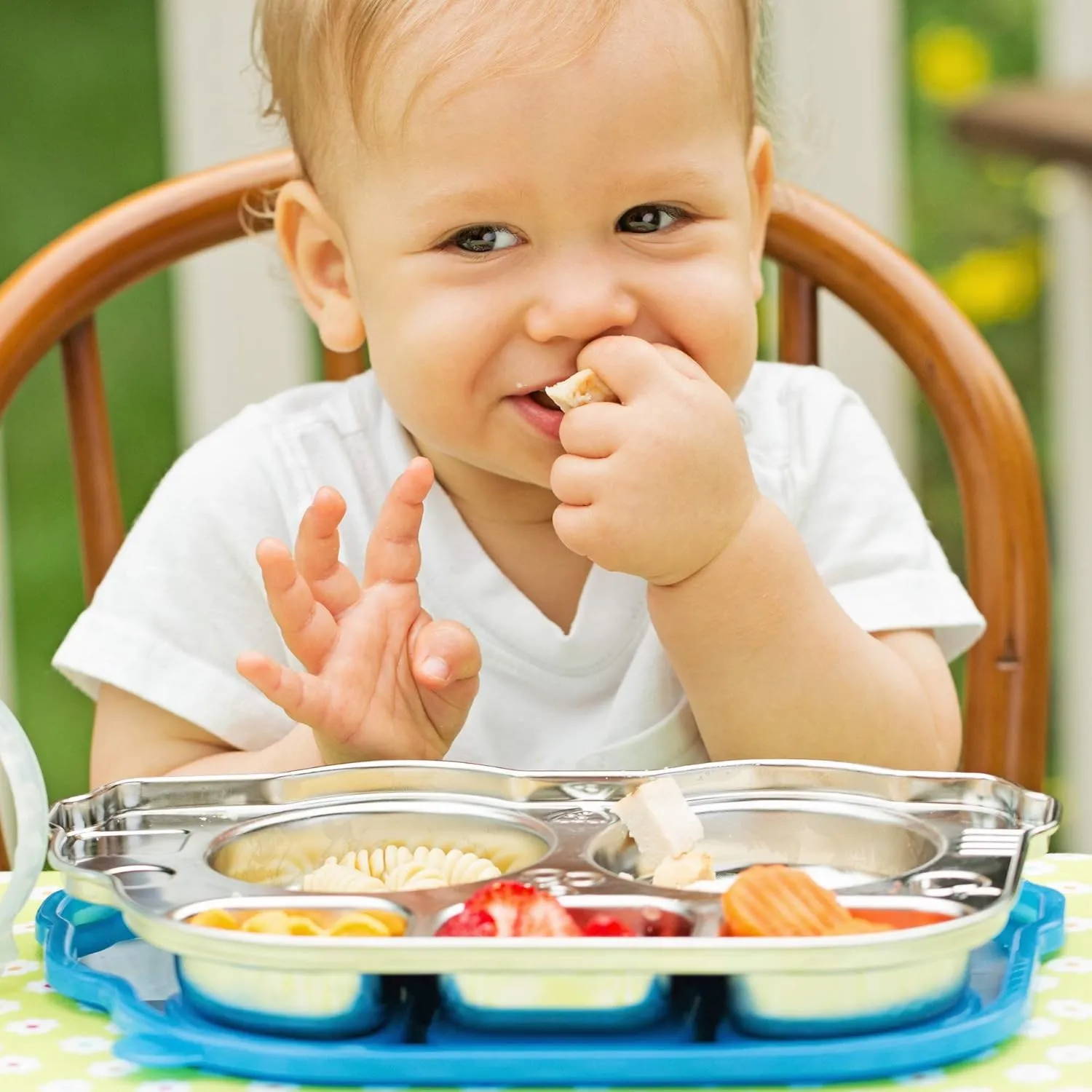 Innobaby Stainless Bus Plate with Sectional Lid, The Original, Leak-Resistant Divided Platter, Mom Invented Fun Shape Plate Din Din Smart for Babies, Toddlers and Kids, BPA Free, Blue, 2 Pack