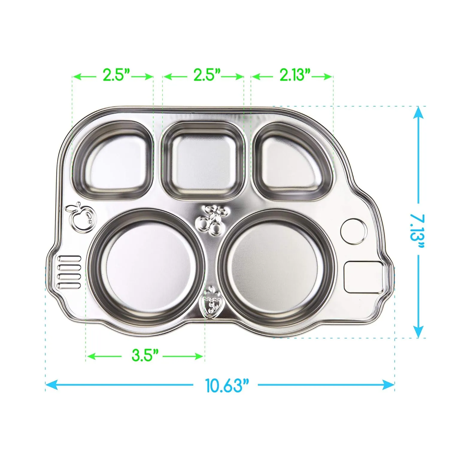 Innobaby Stainless Bus Plate with Sectional Lid, The Original, Leak-Resistant Divided Platter, Mom Invented Fun Shape Plate Din Din Smart for Babies, Toddlers and Kids, BPA Free, Blue, 2 Pack