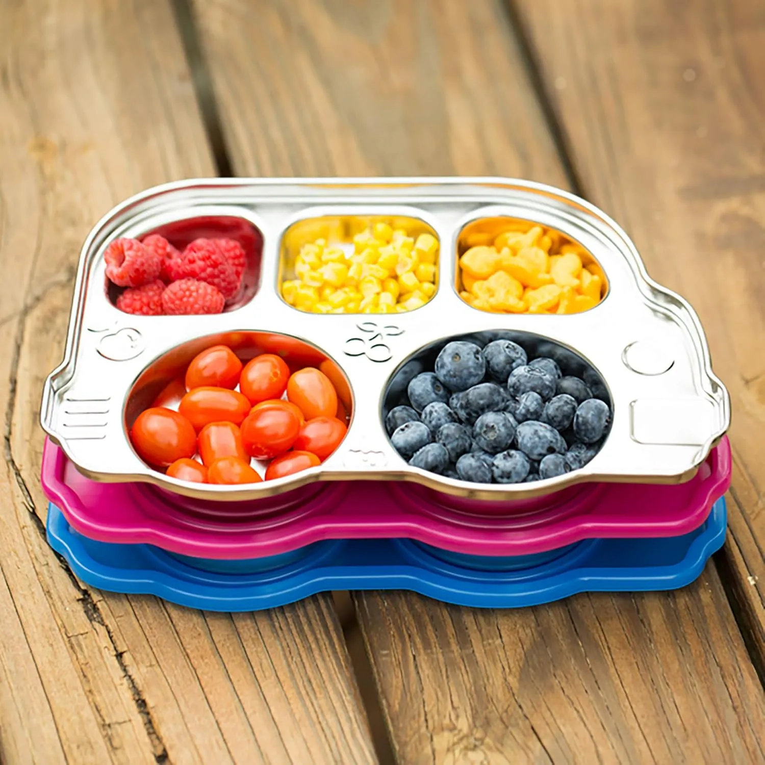 Innobaby Stainless Bus Plate with Sectional Lid, The Original, Leak-Resistant Divided Platter, Mom Invented Fun Shape Plate Din Din Smart for Babies, Toddlers and Kids, BPA Free, Blue, 2 Pack