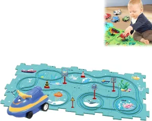 Interactive Racetrack Puzzle, Puzzle Racer Kids Car Track Set, Rail Car Puzzle Track, Electric Race Car Track Set, DIY Assembling Electric Race Car Track Set, Montessori Toys Gifts(Ocean,15pcs)
