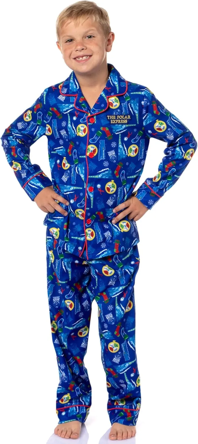 INTIMO The Polar Express Multiple Sizes Christmas Sleep Collared Button Down Long-Sleeve Pajama Set