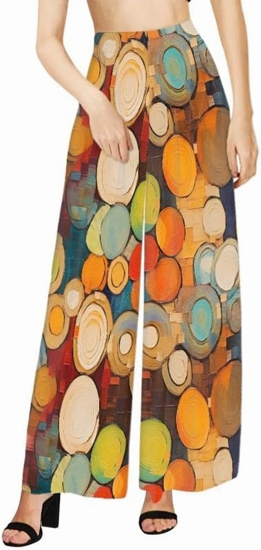 Irisjudy Womens Casual Wide Leg Long Lounge Pant Trousers, Monet Art Elastic High Waisted Palazzo Trousers Plus Size Clubwear
