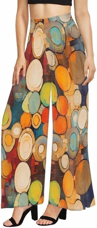 Irisjudy Womens Casual Wide Leg Long Lounge Pant Trousers, Monet Art Elastic High Waisted Palazzo Trousers Plus Size Clubwear