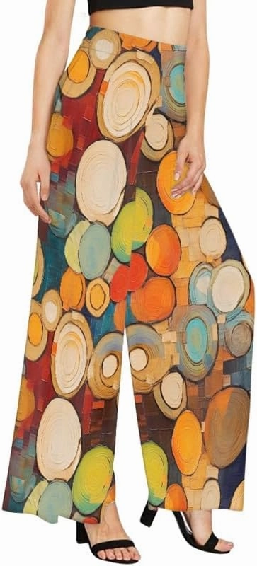 Irisjudy Womens Casual Wide Leg Long Lounge Pant Trousers, Monet Art Elastic High Waisted Palazzo Trousers Plus Size Clubwear