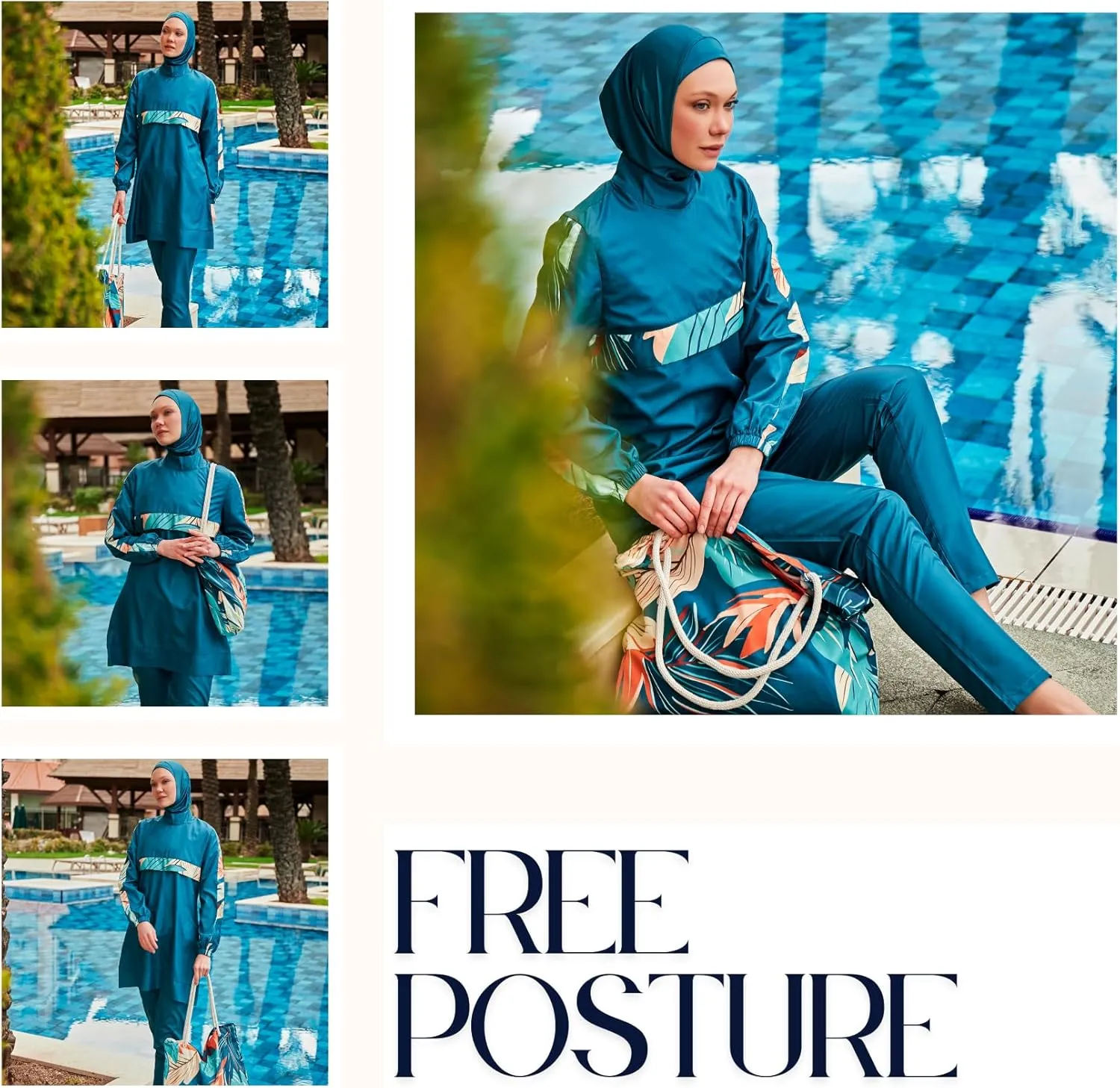 Islamic Full-Length Patterned Modest Swimsuit for Women | 4 PCS Muslim Burkini Set | Full Coverage Long Sleeve Rash Guard