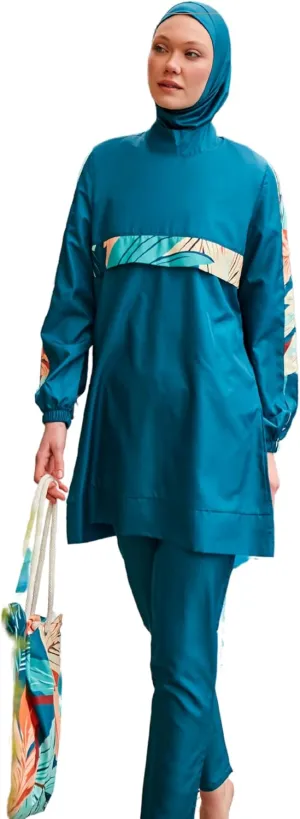 Islamic Full-Length Patterned Modest Swimsuit for Women | 4 PCS Muslim Burkini Set | Full Coverage Long Sleeve Rash Guard