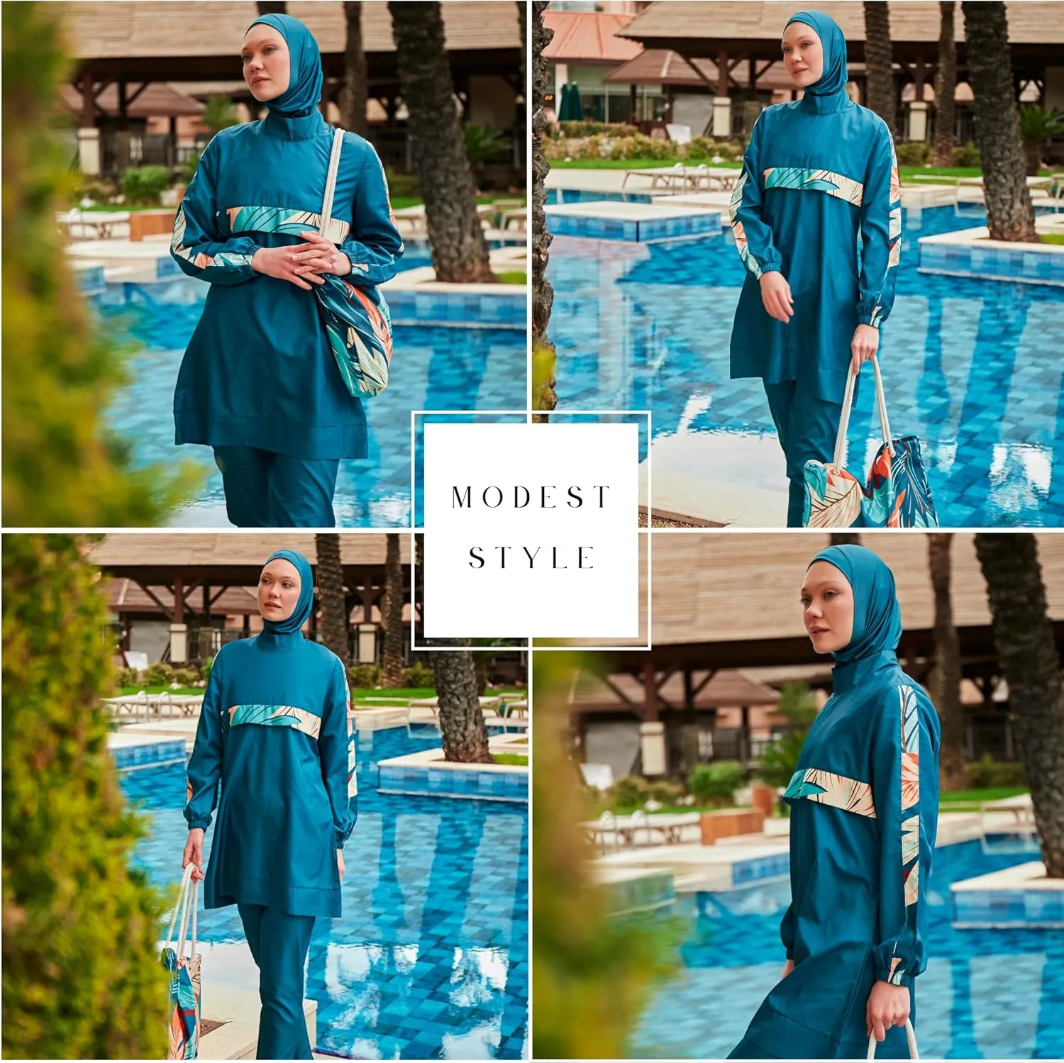 Islamic Full-Length Patterned Modest Swimsuit for Women | 4 PCS Muslim Burkini Set | Full Coverage Long Sleeve Rash Guard